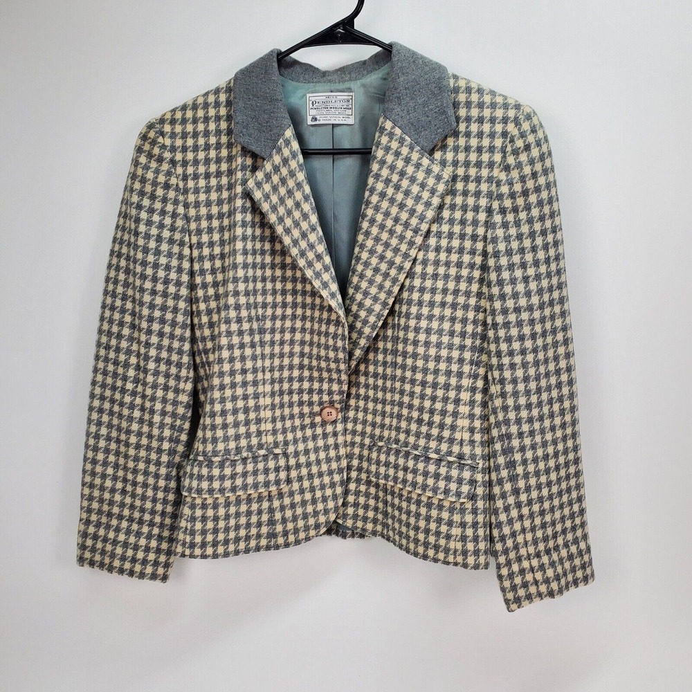Miss Pendleton Wool Blazer Grey Cream Houndstooth Vintage Size 6 Made in USA